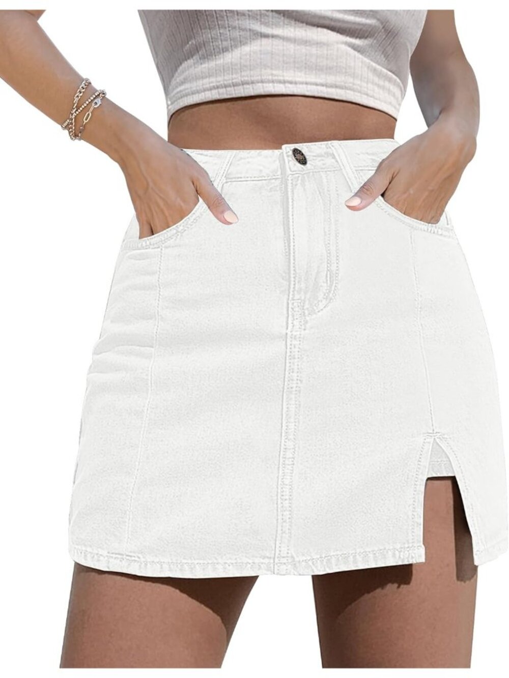 Women's White High Waisted Stretchy Denim Mini Skirt Side Slit Jean Skirts